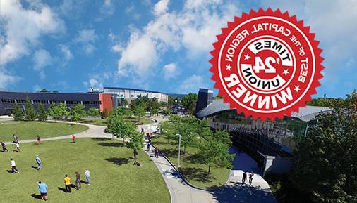 Birds eye image of campus with Times Union Best of the Capital Region Winner Logo